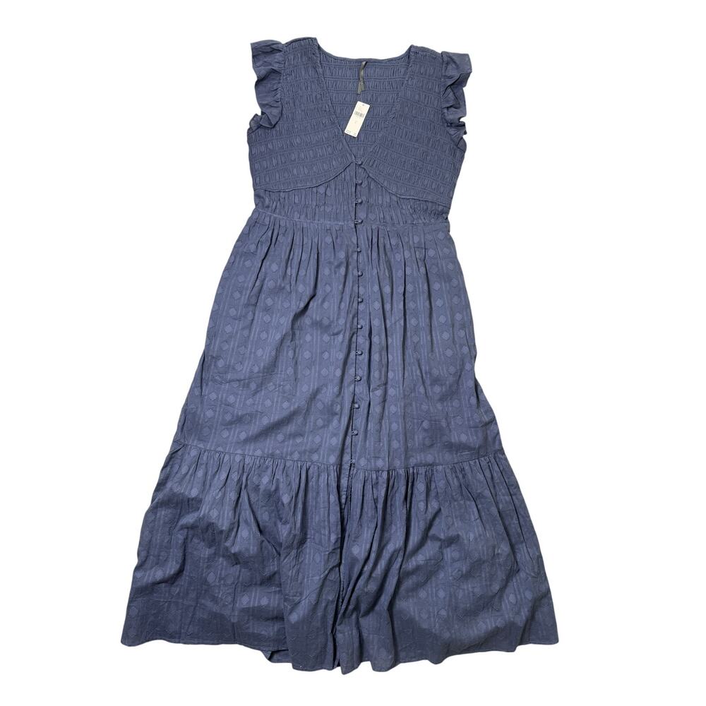 NWT Anthropologie Square Neck Ruffle Midi Dress Slate Blue Smocked Tiered L